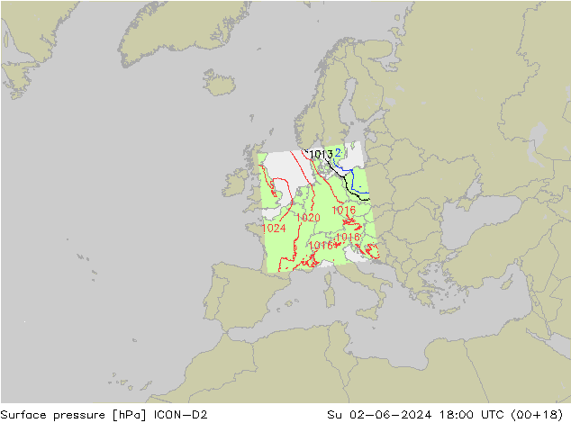 Surface pressure ICON-D2 Su 02.06.2024 18 UTC