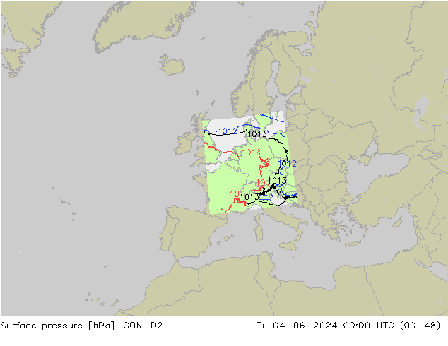 Pressione al suolo ICON-D2 mar 04.06.2024 00 UTC