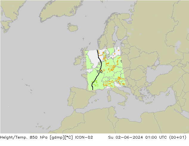 Height/Temp. 850 hPa ICON-D2 nie. 02.06.2024 01 UTC