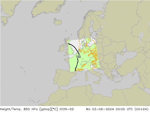 Geop./Temp. 850 hPa ICON-D2 lun 03.06.2024 00 UTC