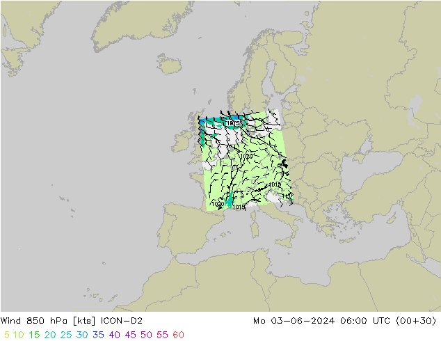 Vento 850 hPa ICON-D2 lun 03.06.2024 06 UTC