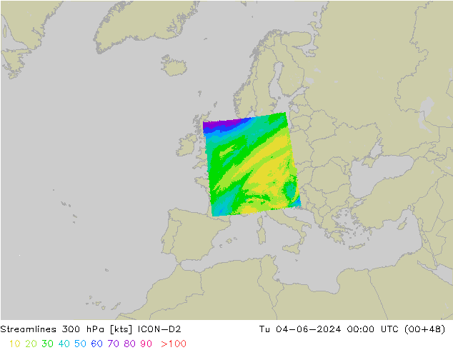 Streamlines 300 hPa ICON-D2 Tu 04.06.2024 00 UTC