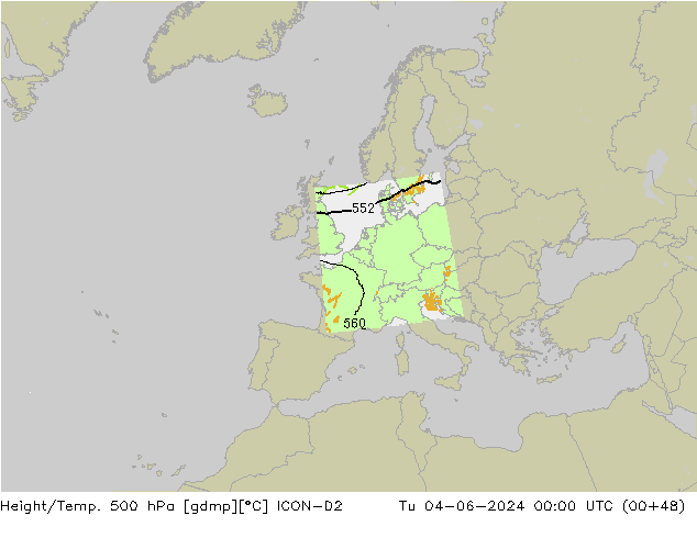 Hoogte/Temp. 500 hPa ICON-D2 di 04.06.2024 00 UTC