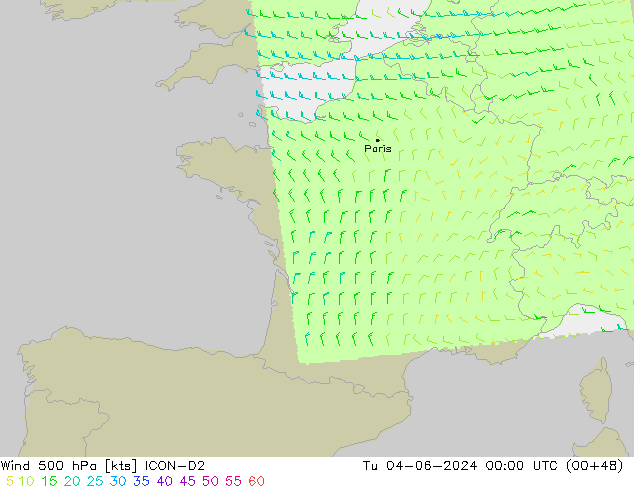 Wind 500 hPa ICON-D2 Út 04.06.2024 00 UTC