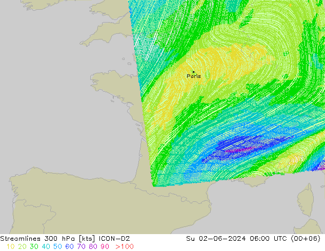 Streamlines 300 hPa ICON-D2 Su 02.06.2024 06 UTC