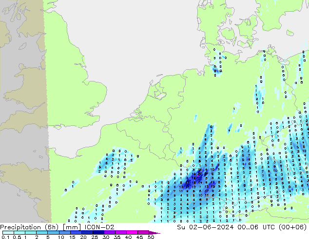 Precipitazione (6h) ICON-D2 dom 02.06.2024 06 UTC