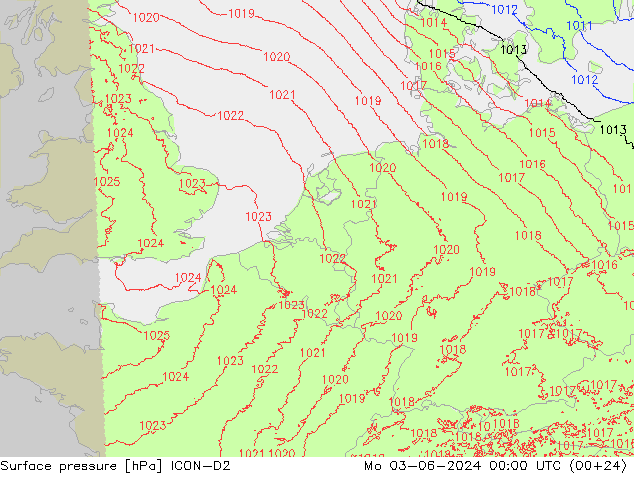 地面气压 ICON-D2 星期一 03.06.2024 00 UTC
