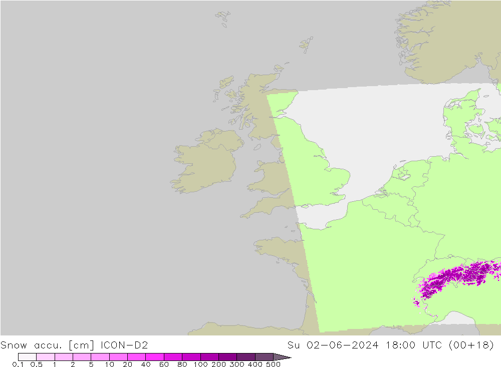 Глубина снега ICON-D2 Вс 02.06.2024 18 UTC