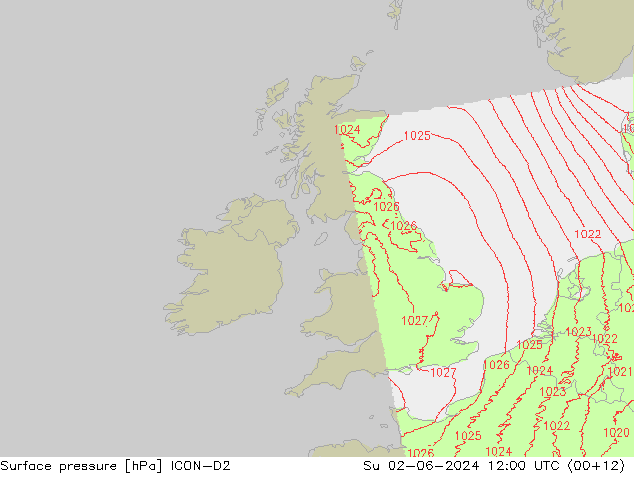 Luchtdruk (Grond) ICON-D2 zo 02.06.2024 12 UTC