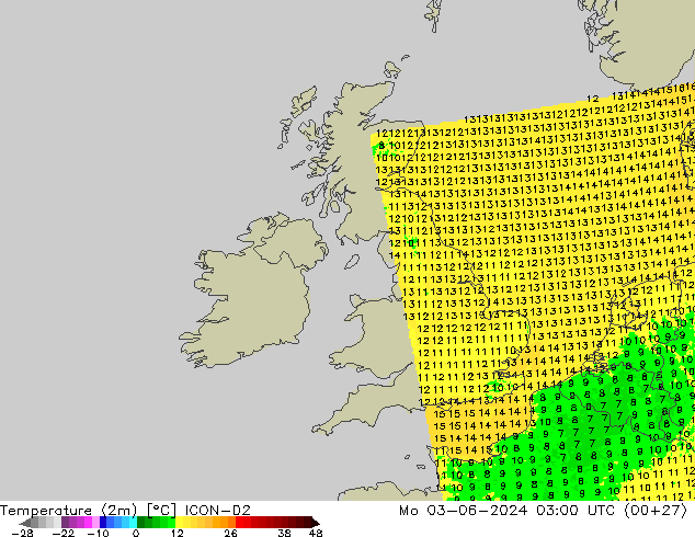 Temperaturkarte (2m) ICON-D2 Mo 03.06.2024 03 UTC
