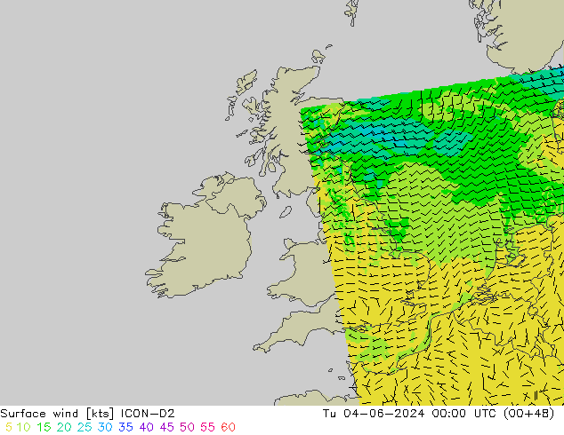 Vento 10 m ICON-D2 mar 04.06.2024 00 UTC