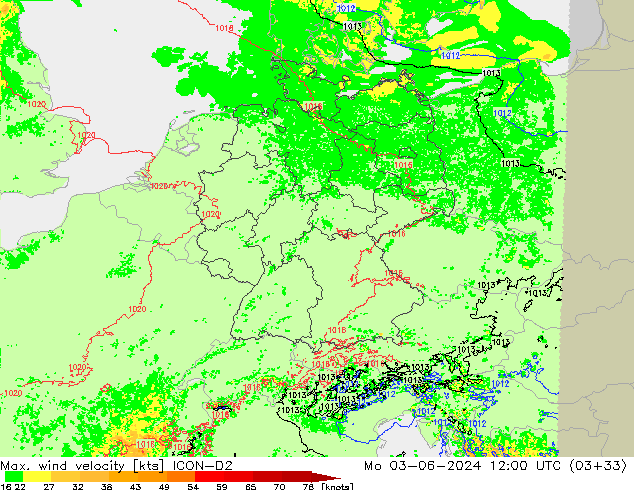 Max. wind velocity ICON-D2  03.06.2024 12 UTC