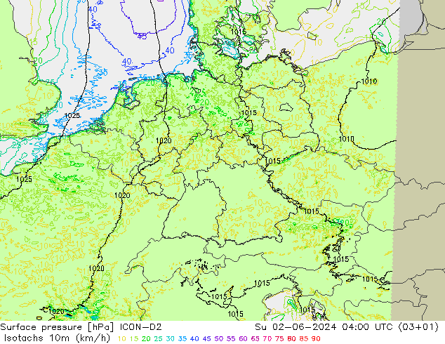 Isotachs (kph) ICON-D2 Dom 02.06.2024 04 UTC