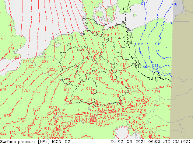 Surface pressure ICON-D2 Su 02.06.2024 06 UTC