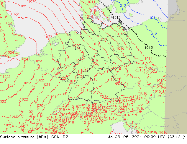 Surface pressure ICON-D2 Mo 03.06.2024 00 UTC