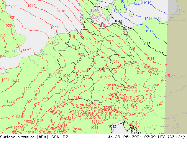 地面气压 ICON-D2 星期一 03.06.2024 03 UTC