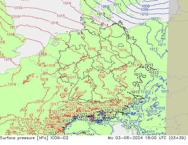 Atmosférický tlak ICON-D2 Po 03.06.2024 18 UTC