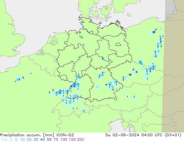 Precipitation accum. ICON-D2 nie. 02.06.2024 04 UTC