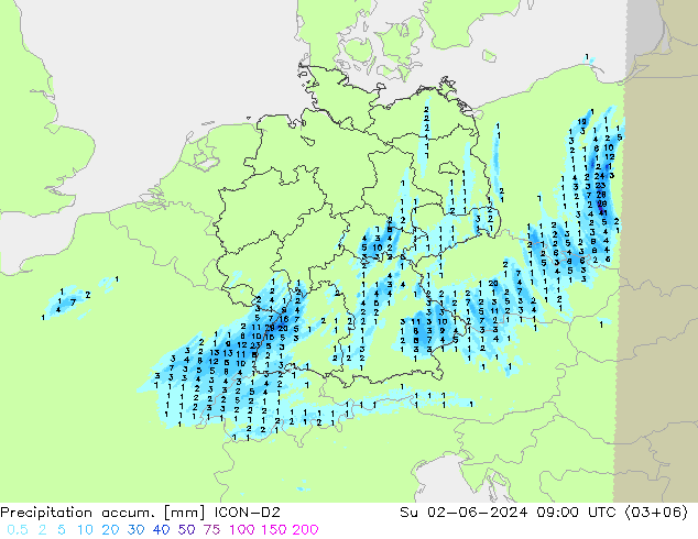 Precipitation accum. ICON-D2 nie. 02.06.2024 09 UTC