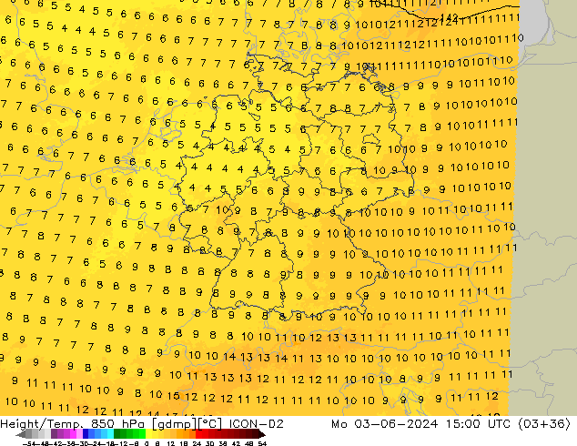 Géop./Temp. 850 hPa ICON-D2 lun 03.06.2024 15 UTC