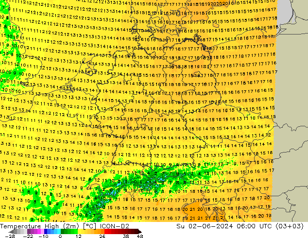 Nejvyšší teplota (2m) ICON-D2 Ne 02.06.2024 06 UTC