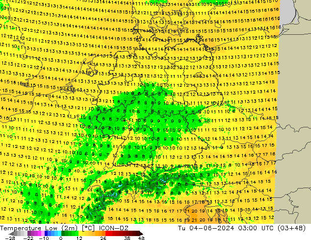 Temperature Low (2m) ICON-D2 Tu 04.06.2024 03 UTC