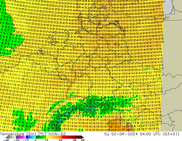 Temperatura (2m) ICON-D2 Dom 02.06.2024 04 UTC