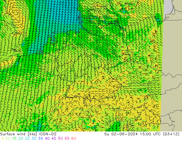 Surface wind ICON-D2 Su 02.06.2024 15 UTC