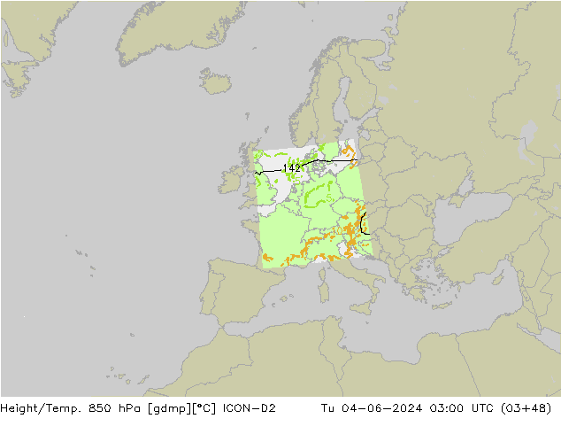 Height/Temp. 850 hPa ICON-D2 Tu 04.06.2024 03 UTC