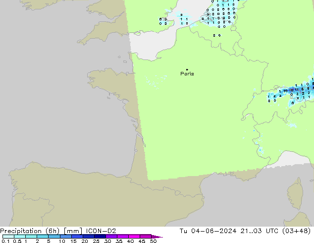 Precipitation (6h) ICON-D2 Tu 04.06.2024 03 UTC