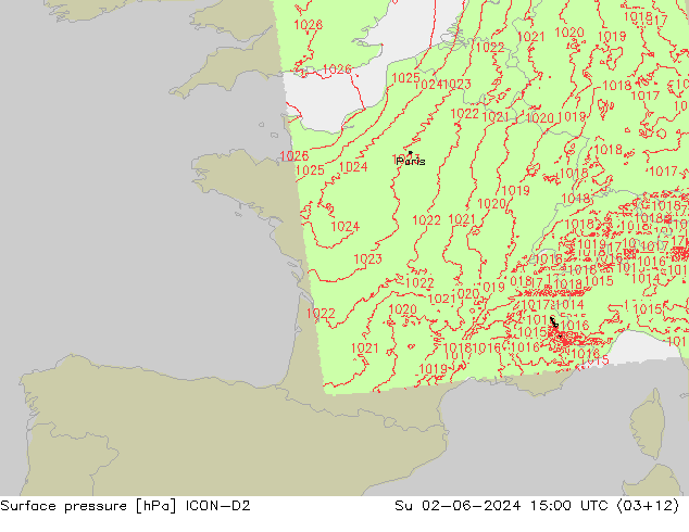 Surface pressure ICON-D2 Su 02.06.2024 15 UTC