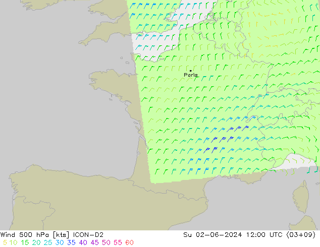 ветер 500 гПа ICON-D2 Вс 02.06.2024 12 UTC
