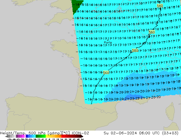 Height/Temp. 500 hPa ICON-D2 Dom 02.06.2024 06 UTC