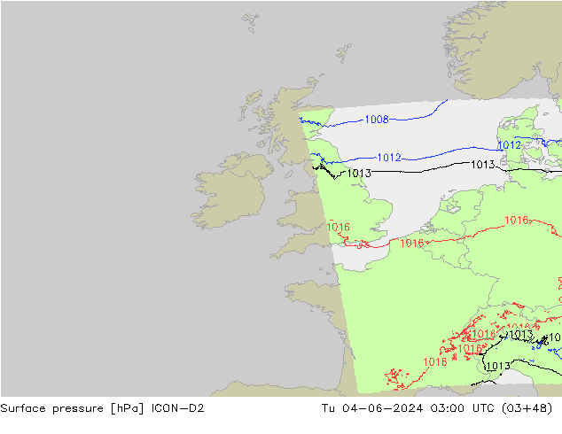 Atmosférický tlak ICON-D2 Út 04.06.2024 03 UTC