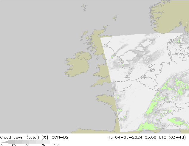zachmurzenie (suma) ICON-D2 wto. 04.06.2024 03 UTC