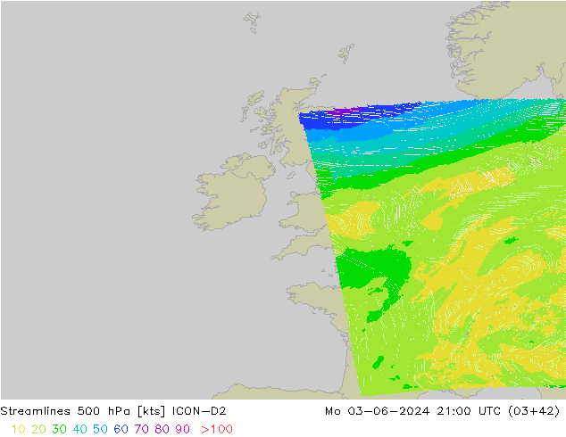 Linia prądu 500 hPa ICON-D2 pon. 03.06.2024 21 UTC