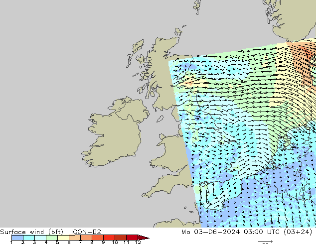 Surface wind (bft) ICON-D2 Po 03.06.2024 03 UTC