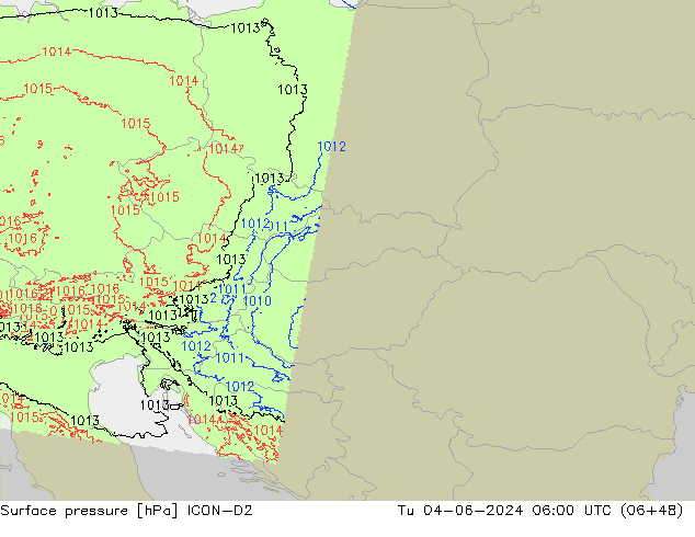 Pressione al suolo ICON-D2 mar 04.06.2024 06 UTC