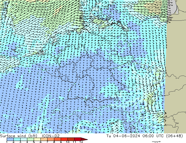 wiatr 10 m (bft) ICON-D2 wto. 04.06.2024 06 UTC