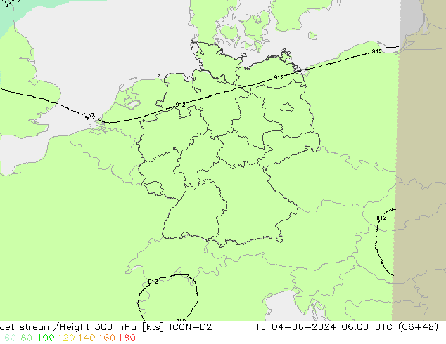 Jet stream/Height 300 hPa ICON-D2 Tu 04.06.2024 06 UTC