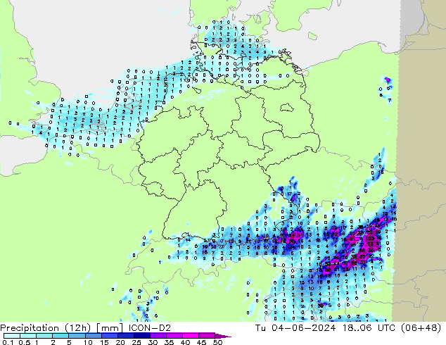 Precipitation (12h) ICON-D2 Tu 04.06.2024 06 UTC
