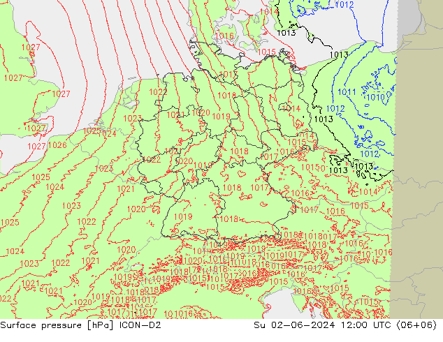 Atmosférický tlak ICON-D2 Ne 02.06.2024 12 UTC
