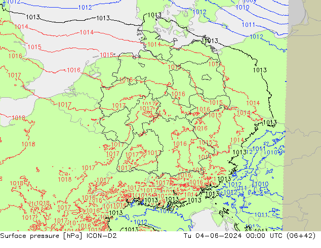 Pressione al suolo ICON-D2 mar 04.06.2024 00 UTC