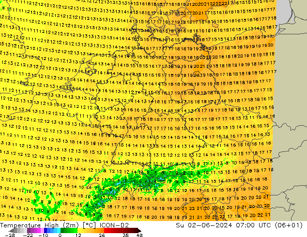 Temp. massima (2m) ICON-D2 dom 02.06.2024 07 UTC