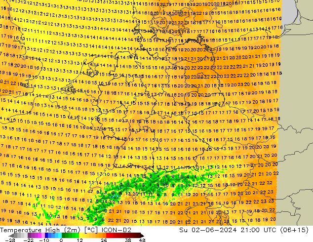 Max.  (2m) ICON-D2  02.06.2024 21 UTC
