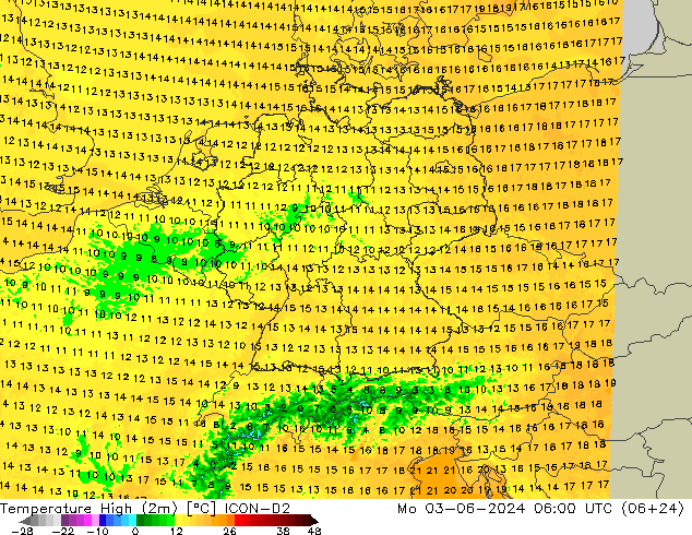 Höchstwerte (2m) ICON-D2 Mo 03.06.2024 06 UTC