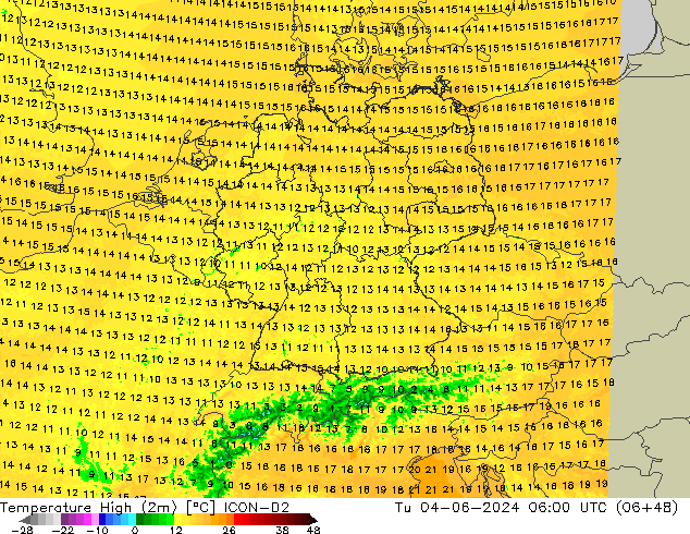 Temperature High (2m) ICON-D2 Tu 04.06.2024 06 UTC