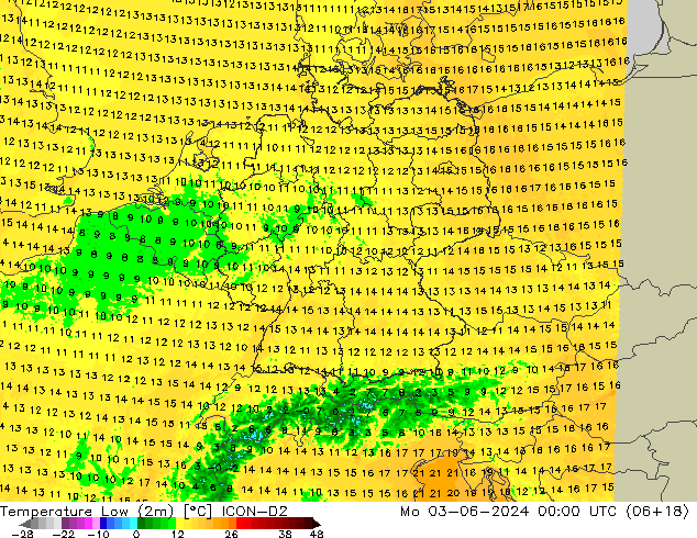 temperatura mín. (2m) ICON-D2 Seg 03.06.2024 00 UTC