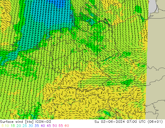 Viento 10 m ICON-D2 dom 02.06.2024 07 UTC