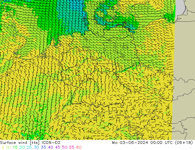 wiatr 10 m ICON-D2 pon. 03.06.2024 00 UTC